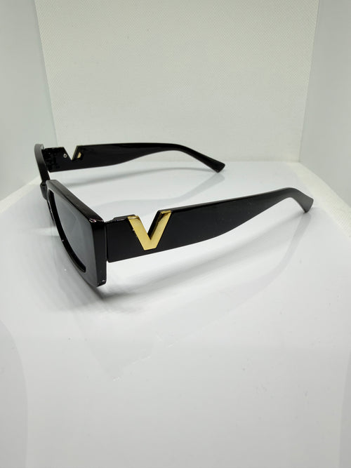 Milan Black & Gold Rectangle Sunglasses with V Detail